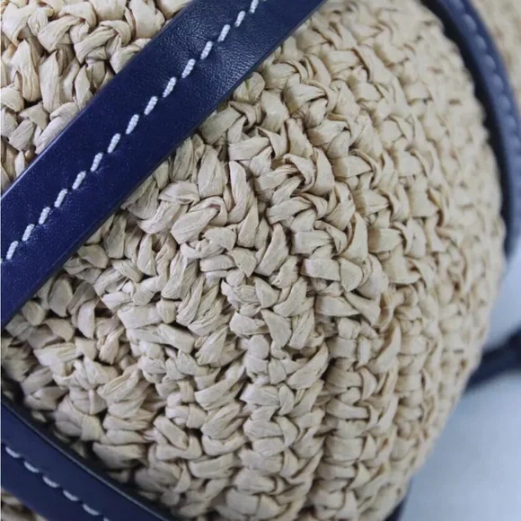 Tory Burch Leather Trim Basket Weave Drawstring Bucket Bag Blue - Picture 8 of 12